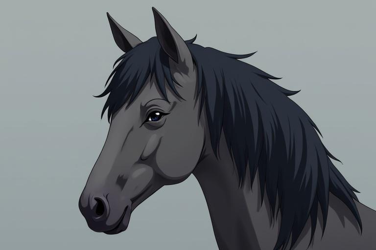 Gray horse anime design showing a horse in a side profile. Horse is dark with a flowing mane. Background is dark gray.