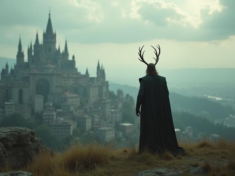 Loki character with antlers stands atop a hill gazing over a ruined city. The scene captures a moody atmosphere with a mystical landscape. Low angled back view of the character embracing the fantasy theme.