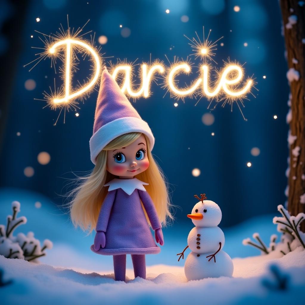 The scene shows a whimsical elf named Darcie standing in a snowy woodland. She has long blonde hair and blue eyes, and is dressed in a lilac outfit. Beside her is a cheerful snowman. The night sky is beautifully illuminated with sparkling lights that spell out her name, Darcie. Snowflakes are gently falling, adding to the winter atmosphere. The overall design conveys a magical and festive holiday spirit.