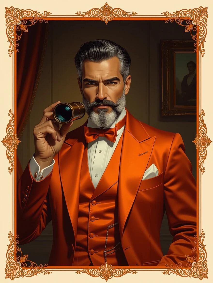 An oil portrait displays a Cuban man in ornate orange 1940's formalwear. The man holds a spyglass. Background features a dim mansion room. Dark and mysterious tone emphasized. An Art Nouveau border frames the composition.