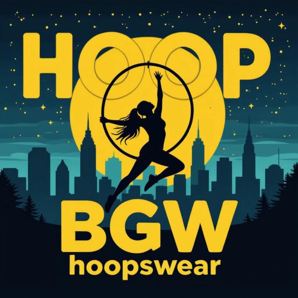 Logo design featuring a person hooping in front of a city skyline with a moonrise. Text says HOOP BGW in yellow.