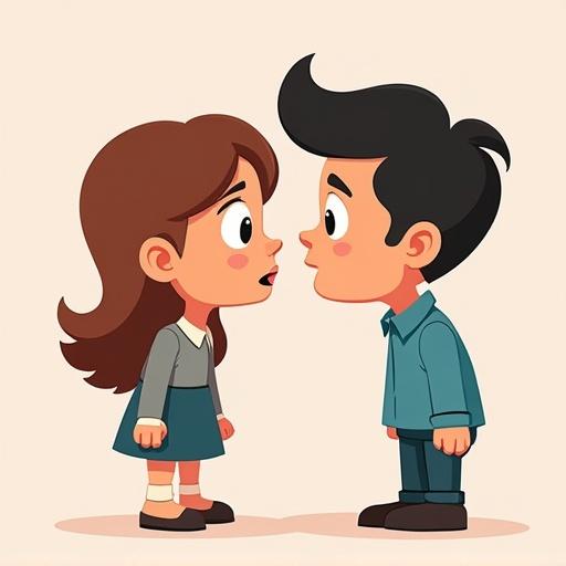 Simple comic-style illustration depicts two characters engaged in whispered conversation. Exaggerated expressions and body language convey secrecy and soft speech. Plain background with minimalistic setting. Bright bold colors contrast softly with action to ensure clarity. No text present.