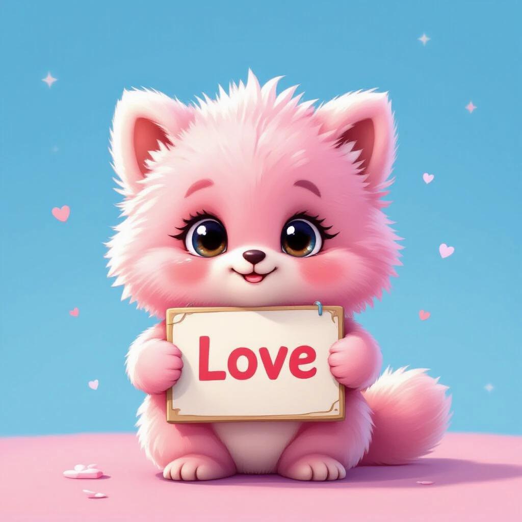 Cartoon image of a cute furry animal colored pink. This animal holds a sign with the word Love. The background features a bright light blue color.