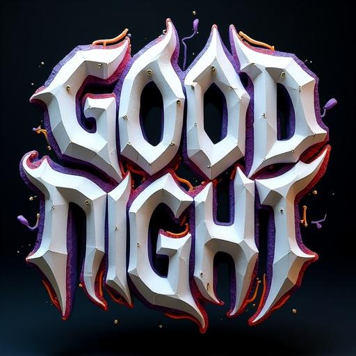 Three-dimensional abstract sculpture featuring gothic lettering 'GOOD NIGHT'. Inspired by futuristic baroque style. Built from curvy angular blocks in white, cyan, and purple with red and yellow details. Shapes twist in various directions creating an optical illusion. Sculpture appears to levitate with a metallic texture and ink drops. Stylized lines and circuits enhance the design. Dark background adds depth. Handwritten small letters above 'NIGHT' in gold ink by Muny Vathana.