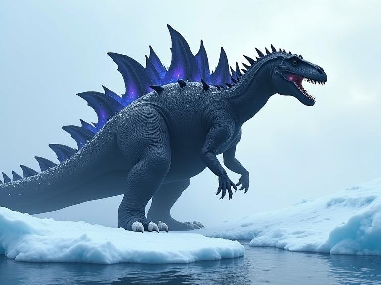 Dark cinematic depiction of a huge spiky dinosaur resembling Godzilla, covered in snow and ice, roaring while crouching on a glacier, with purple and blue glowing dorsal spines, set in sunny Antarctica with atmospheric conditions and realism.