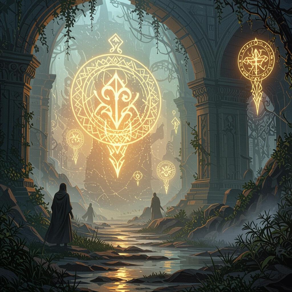 Surreal scene with glowing symbols. Ethereal concept art with high detail. Mystical elements surround a central glowing symbol. Ancient architecture integrates with nature.