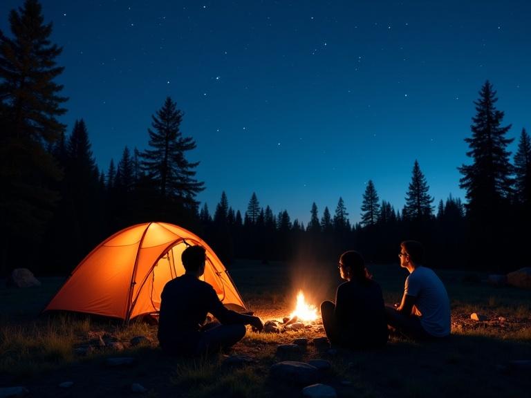 Photograph of a serene camping scene at night. Three silhouetted figures, two men and one woman, sitting around a warm campfire with a tent nearby. Tall pine trees in background and star-filled sky visible above. Atmosphere is peaceful and connected to nature.