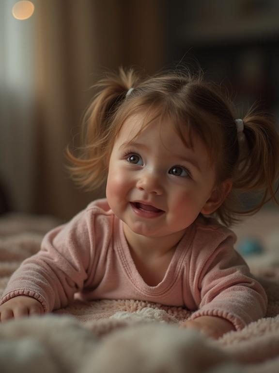 A baby lying on a soft surface with a joyful expression. The baby has light brown hair styled in pigtails. The background is softly blurred, suggesting a cozy indoor setting.