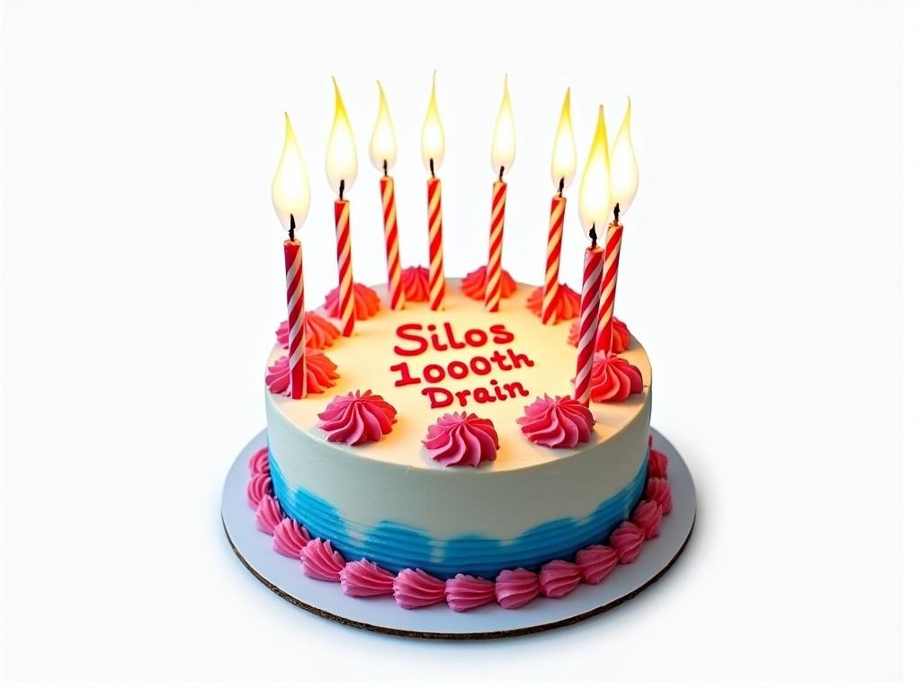 The image features a decorative birthday cake with nine lit candles on top, indicating a special celebration. The cake has a smooth, light-colored frosting with vibrant pink swirls around the edges and a blue base. In the center, the words 'Silos 1000th Drain' are written in bold red icing. The setting is against a clean white background, highlighting the cake's appealing colors. This cake is perfect for milestone events and birthdays, showcasing intricate design and festive decoration.