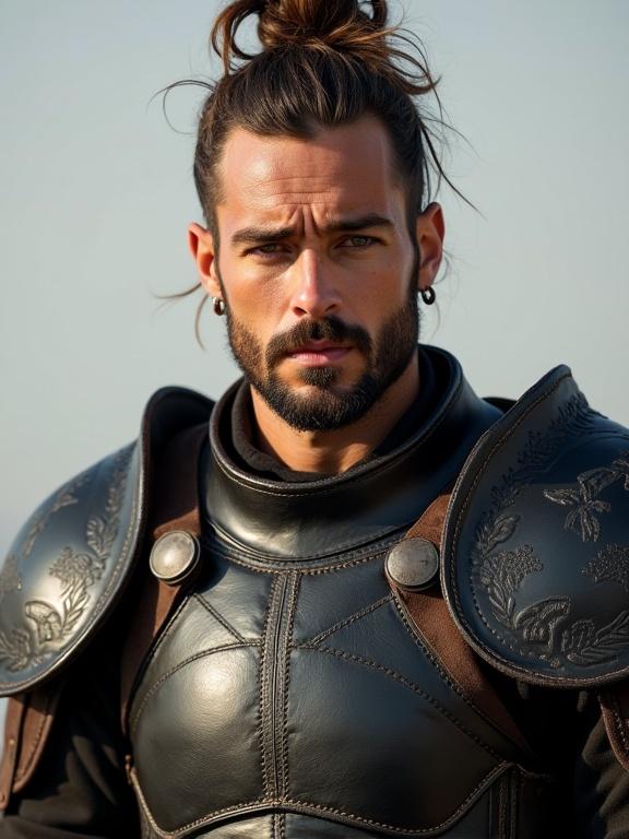 Frontal image of a man with light to medium tan skin tone. Defined jawline, strong cheekbones, very short goatee-style beard, clean-shaven sides. Hazel-green or light brown eyes, slightly tired gaze. Thick, dark eyebrows. Moderately long straight nose, medium-full lips. Thick hair in a messy topknot with brown base and golden-blonde streaks. Wearing dark leather armor with decorative motifs, no helmet, and leather accessories. Transparent background.