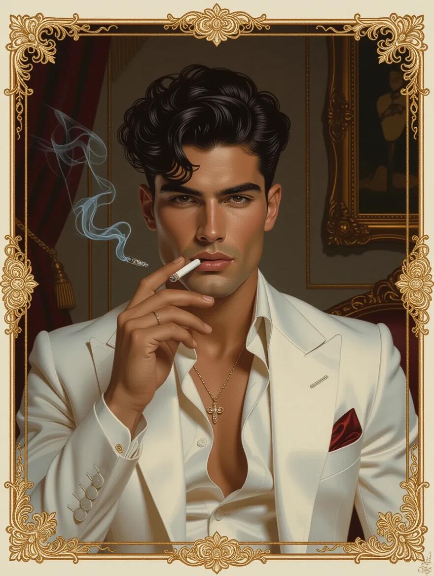 Oil portrait of a young Greek man in modern formalwear. He has black curly hair and deep tan skin. He holds a cigarette. The setting is a dim mansion room with a white color scheme. The tone is dark and mysterious. An art nouveau style border surrounds the image.