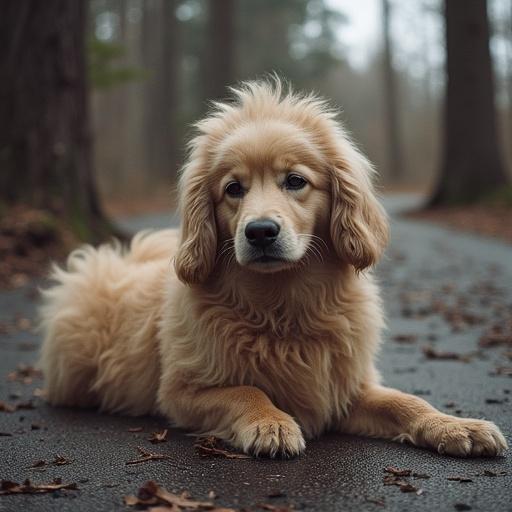 Golden Retriever puppy lying down on a forest path. Soft fur, calm expression. Surrounded by trees and greenery. Natural lighting, relaxed setting.