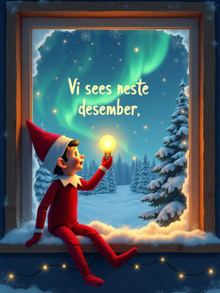 A cheerful elf sits by a window during winter gazing at the stunning northern lights. The elf holds a bright light bulb while looking excited. Handwritten text glows in the sky. Snow and holiday decorations adorn the window ledge. The view includes snow-covered trees creating a magical scene.