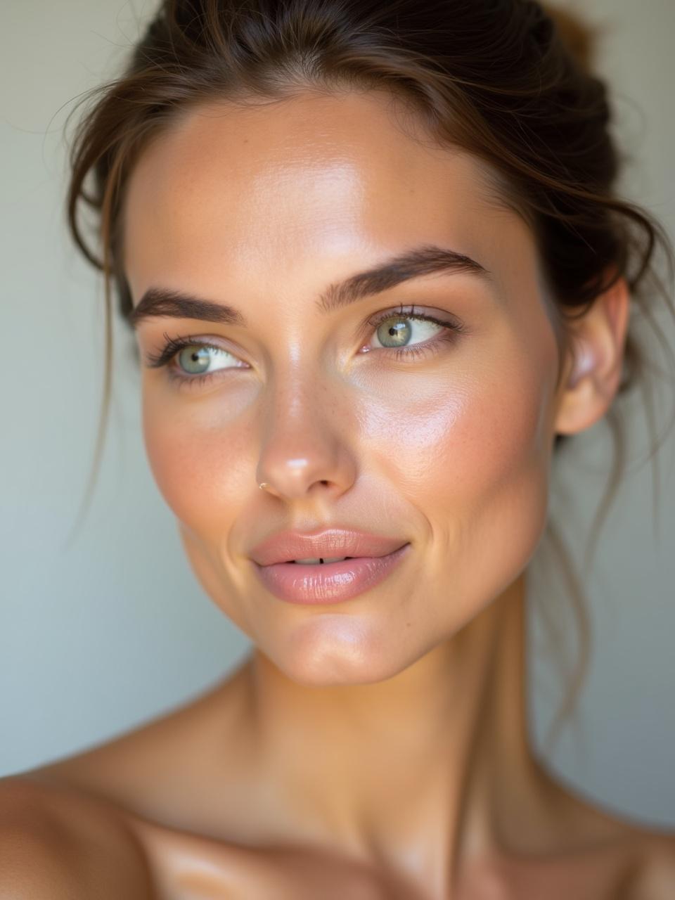 A portrait of a beautiful woman with a neutral expression. She has no visible makeup and a natural look. Glowing skin highlighted by soft natural lighting. Captivating expressive eyes with softly defined brows. High resolution. Minimalist approach to beauty.