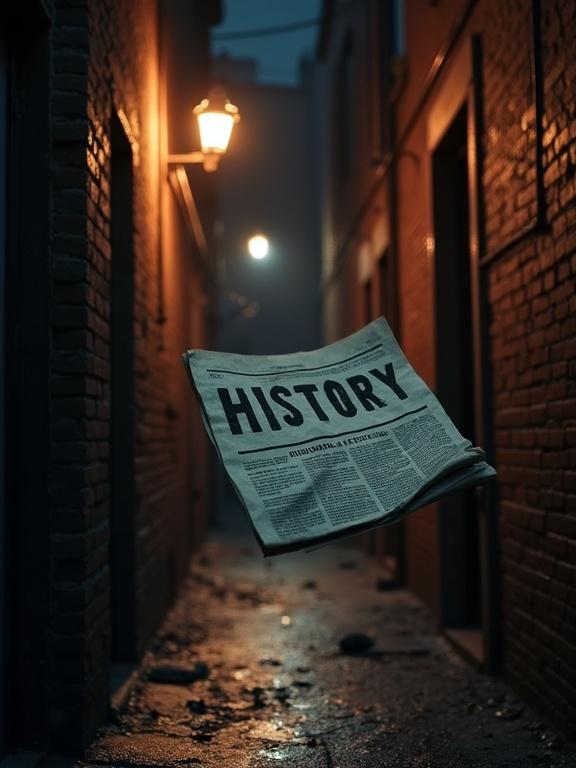 Crumpled newspaper with word 'HISTORY' flies through dark alley at night. Trash fires flicker. Harsh film noir lighting casts long shadows across brick walls. Atmosphere includes cold wind, faint sirens, and flickering signage.