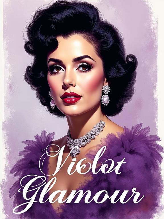 Pop-art portrait of glamorous woman in violet dress with sparkling jewelry. Elegant script text 'Violet Glamour' with subtle shadows and transparent background. Suitable for black and white shirts. Vintage and sparkling vibe.