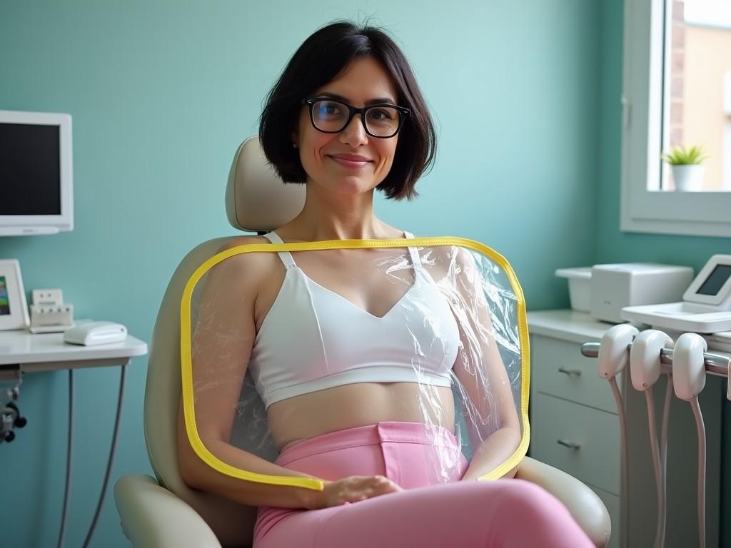 In a dental clinic setting, a woman with short dark bob hair and reading glasses sits comfortably in a dentist chair. She wears a white bra paired with tight shiny pink pants, creating a modern yet relaxed look. The clear PVC mealtime bib with yellow edges covers her knees, adding a playful touch to the clinical environment. The room features a soothing turquoise wall that contrasts with the bright medical equipment. Natural light filters in, enhancing the cheerful atmosphere of the dental office.