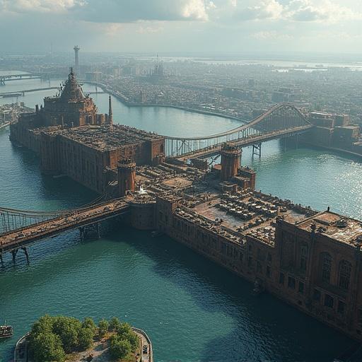 Aerial view of the Iron Docks featuring the Rust Cathedral dry dock converted into a marketplace. Ships are built in the Stormbreaker Yards designed for tough waters. The Chain Bridge is visible rattling in the wind.