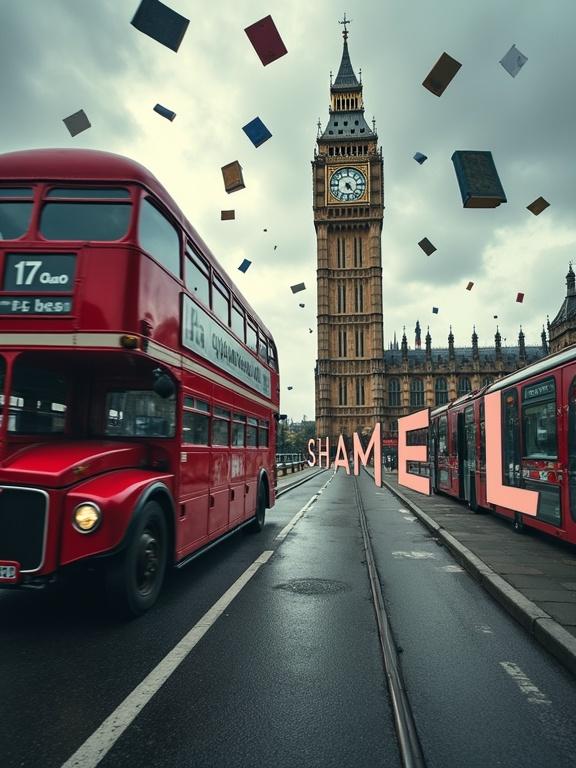 Cinematic shot of Big Ben with a red double-decker bus. Books floating around in the air. The word SHAMEL displayed prominently over a street with train tracks.