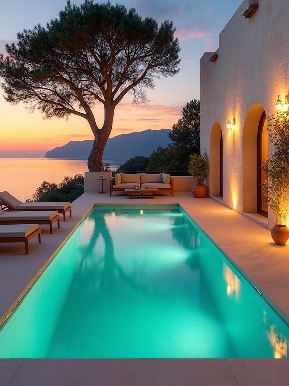 A luxurious infinity pool with clean edges faces a stunning sunset. The water reflects warm hues of the sky. Smooth beige tiles border the pool, leading to a modern patio with wooden lounge chairs and a sofa. A rustic pot and woven vase enhance the setting. A white stone wall with an arched doorway is to the right, illuminated by warm lights. A large tree silhouettes against the colorful sky with mountains and calm water in the background.