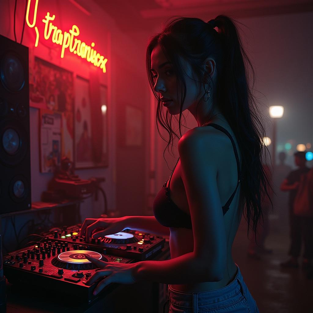 A captivating scene featuring a female DJ in a dark setting. Neon lights illuminate the background. Focus on the DJ's intense expression and the equipment used for mixing music. The scene embodies the vibrant nightlife and music culture.
