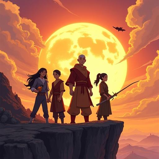 Group portrait of five young heroes with diverse elemental powers. Standing united on a cliff. Epic sunset in the background. Characters depict a blend of cultures in their outfits. Vibrant colors and dynamic poses highlight their personalities. Characters are engaged with their bending arts actively.