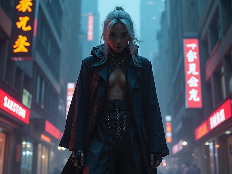 Cinematic full-body view of a character in a dark cyberpunk setting. The character strikes an action pose amidst a dramatic urban background. Neon lights provide cinematic lighting to the scene. A full-body dynamic shot emphasizes cool style and realism.