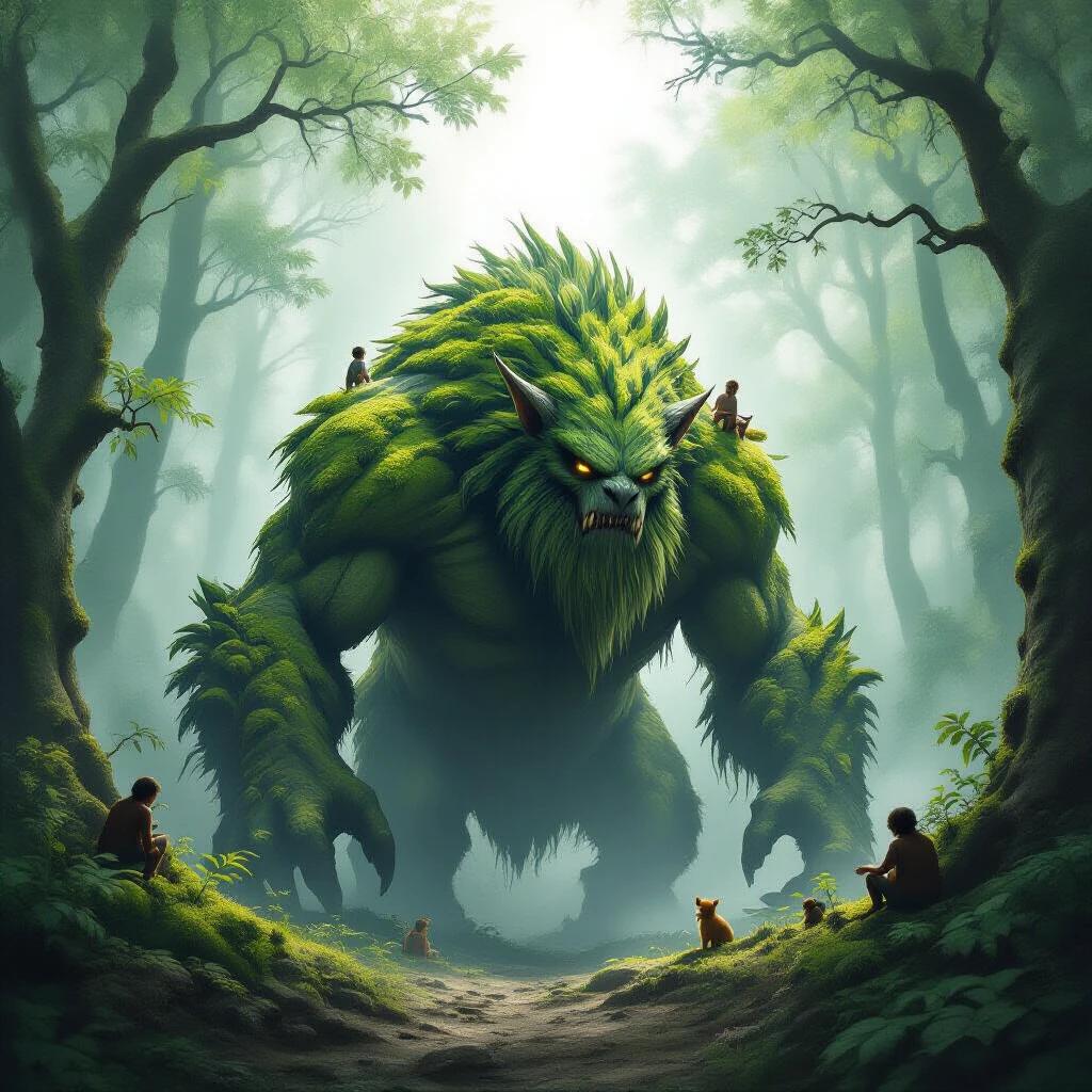 A moss-covered beast hidden in a misty forest. It watches a village it protected from fire. Despite their fear, the villagers are unaware of its guardianship. Animals rest on its shoulders. Dappled light and mist create a serene atmosphere.