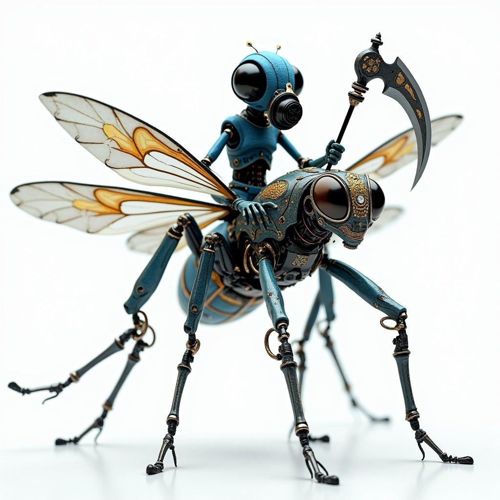 A steampunk robot bee wielding a scythe, showcasing intricate transparent wings and mechanical details.