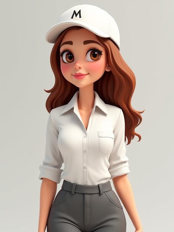 Create a modern 3D kawaii style character named Sara. She is a Colombian woman, 35 years old, with neat brown hair in a low ponytail. Her eyes are expressive and brown. She has a kind and professional smile. She wears a burgundy journalist-style vest over a long-sleeve white blouse and dark gray formal pants. A white trucker cap with a subtle 'M' logo is on her head. The background is a plain light gray. The character conveys confidence and approachability.
