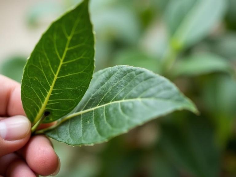 Hand holding two distinct indoor plant leaves for the purpose of care and maintenance.