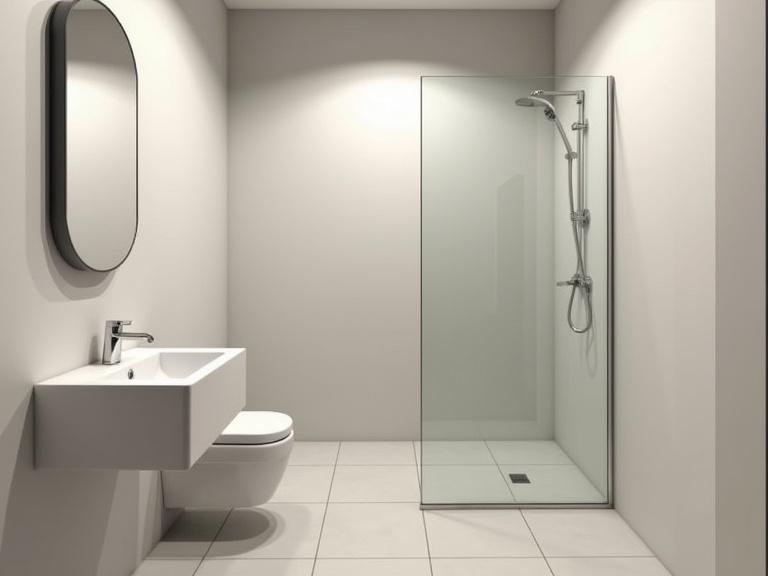 Modern bathroom interior design with white ceramic basin and mirror above. Single standard toilet seat present. Frameless glass shower enclosure in the center. Tiled floors and walls, ambient lighting. Minimal clutter, no additional fixtures.