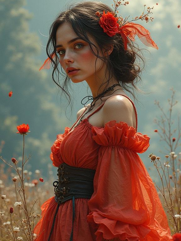 A full body shot of a woman in a red bohemian dress outdoors. Her hair has a flower accessory. The background is soft and dreamy. She has piercing blue eyes and a calm expression. The overall mood is enchanting and artistic.