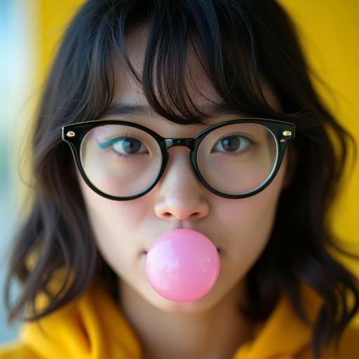 Closeup of a girl with dark hair and yellow highlights. She is blowing bubble gum while wearing glasses. The setting has a vibrant yellow background.