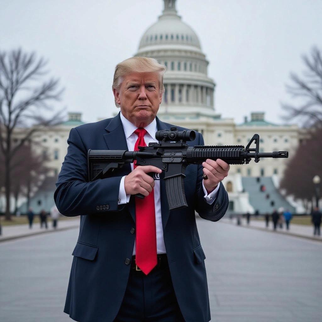 Donald Trump dressed in formal attire holding a weapon in a serious stance. The Capitol building is prominently in the background, emphasizing a serious political atmosphere.