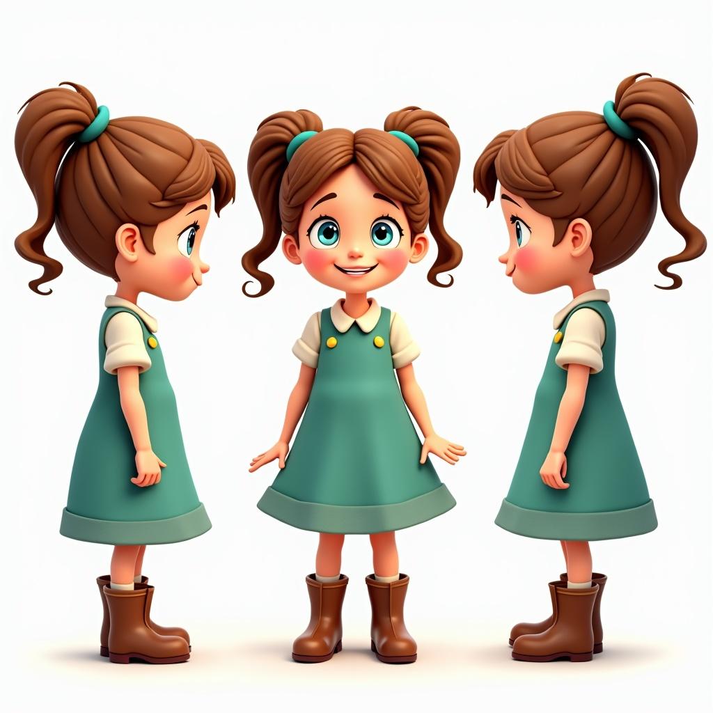 Cartoon character with pigtails depicted from three angles. She has large blue eyes and a green frock with boots. Cheerful expression representing curiosity and excitement.