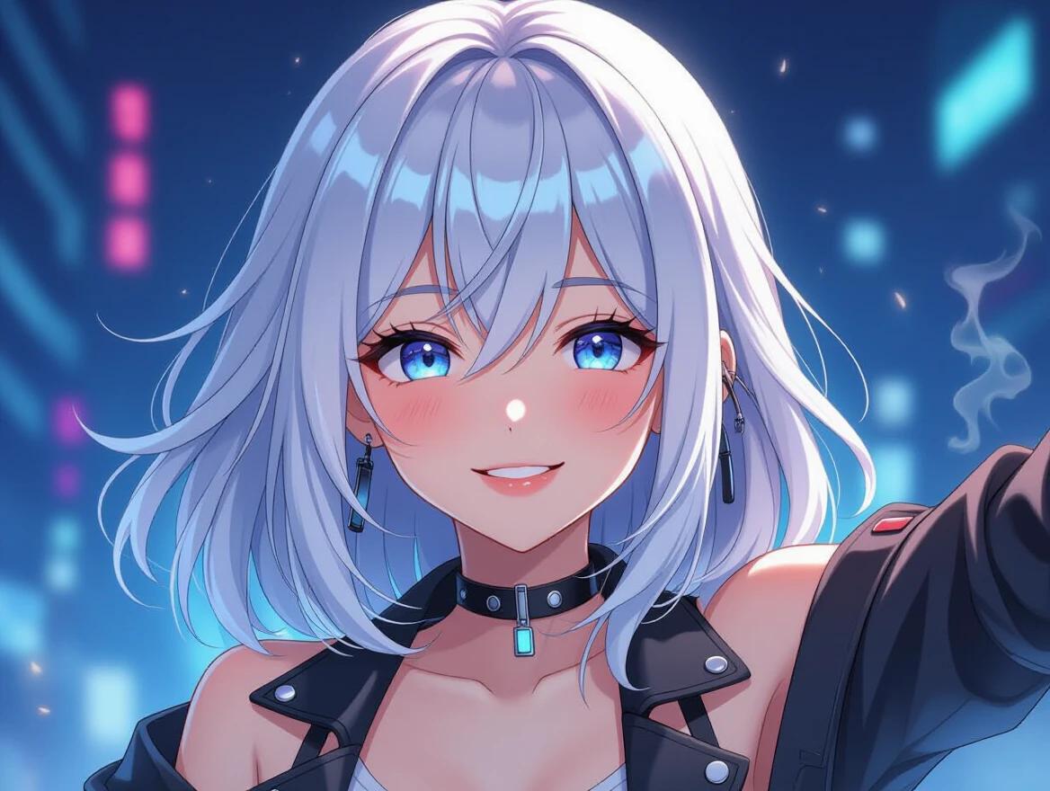 Cyberpunk girl with vibrant white hair. Stands with arms relaxed at her sides. Displays a gentle smile with teeth subtly visible. Exudes a sense of calm and joy. Surrounded by dynamic smoke and neon lighting effects.