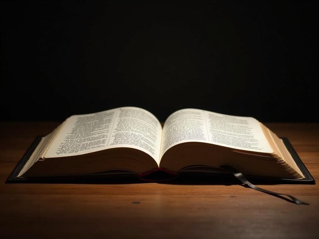 An open Bible is displayed prominently on a wooden table, with its pages gently fanned out. Dramatic lighting illuminates the scene, casting shadows that emphasize the details of the pages and the wood grain of the table. The background is a soft, dark gradient that enhances the focus on the Bible. The light catches the gilded edges of the pages, adding a touch of warmth and majesty. This composition invites contemplation and reverence.