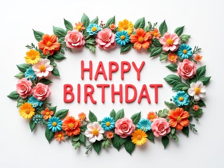 Luxurious greeting card featuring handcrafted sugar flowers. White background. Flowers in deep pink, vibrant greens, turquoise, orange and sunny yellow. Three-dimensional pink and yellow text 'HAPPY BIRTHDAT' centered. Clean modern typography. Ample interior space for message. Evokes refined joy and celebration.