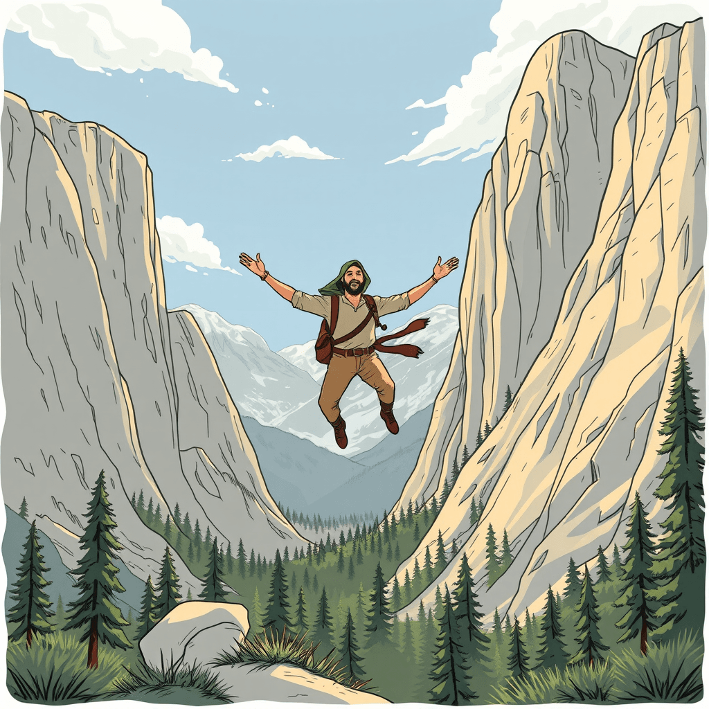 A person joyfully jumps in a valley with tall mountains and green trees.