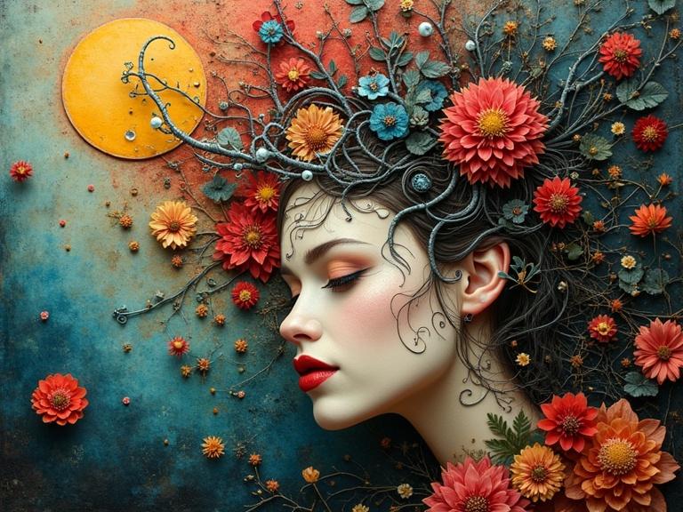 A woman with floral decorations in her hair. Bright colors and intricate details. 3D multi-layered artwork with a whimsical style.