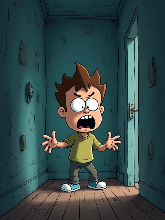 Cartoon character appears anxious in a small dimly lit room. Walls seem to move inward creating tension. Character has an exaggerated shocked expression. Scene illustrated in comic style with dramatic perspective.