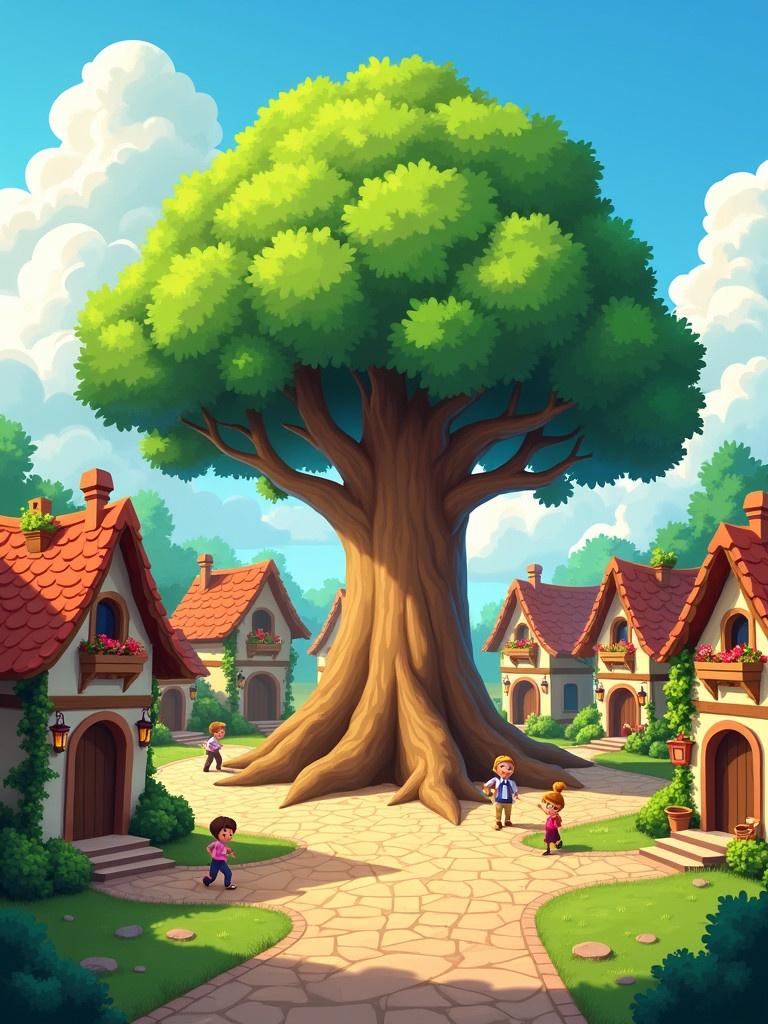 Idyllic cartoon village center with a large tree. Tree has wide trunk and lush foliage. Cobblestone plaza surrounding it. Colorful cottages encircle the tree. Cottages have unique designs and flower boxes. Villagers include a baker, farmer, and children playing. Bright blue sky with fluffy clouds. Warm and inviting atmosphere.