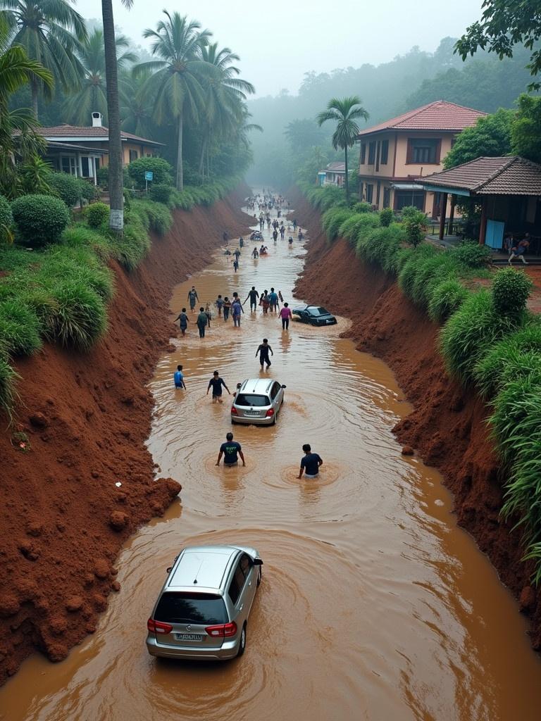 Aftermath of landslide in Indonesia. People help those trapped. Submerged houses and cars visible. Floodwaters filled with muddy debris. Rescuers working diligently in adverse conditions. Scenic backdrop of palm trees.