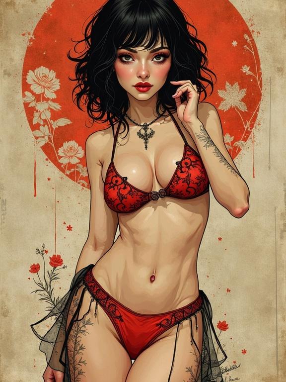 A full-body view of a woman wearing a see-through bikini in a stylized art composition. The background features floral elements with a warm color palette.