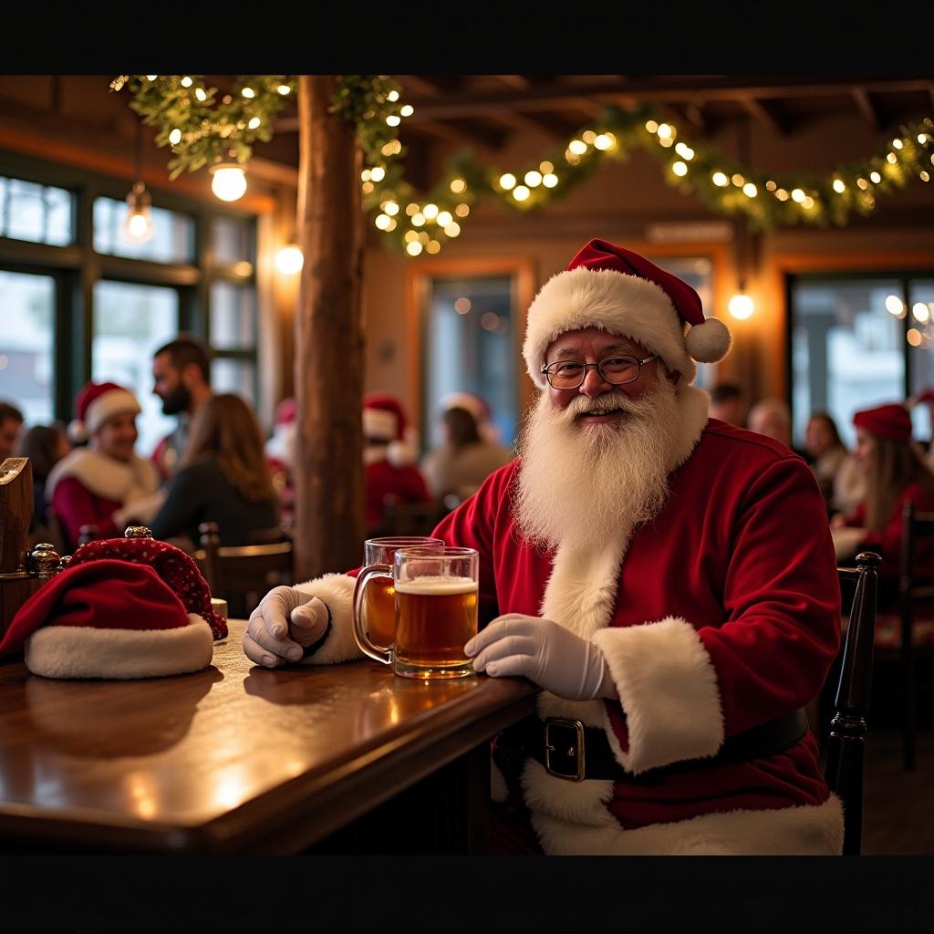 Santa wearing a red suit sitting at a pub table. Enjoying a beer. Cozy bar setting with festive decorations. People in the background. Hats on the table.