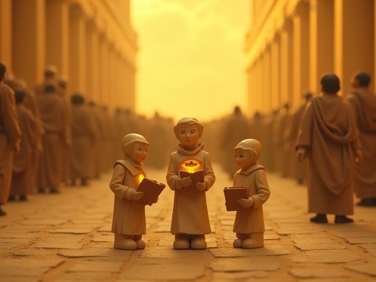 Foreground features three small figures holding glowing books in a sand-yellow environment. The central figure prominently displays an eye symbol. The scene conveys a sense of timelessness with a crowd in the background. Captured in a realistic photograph style.
