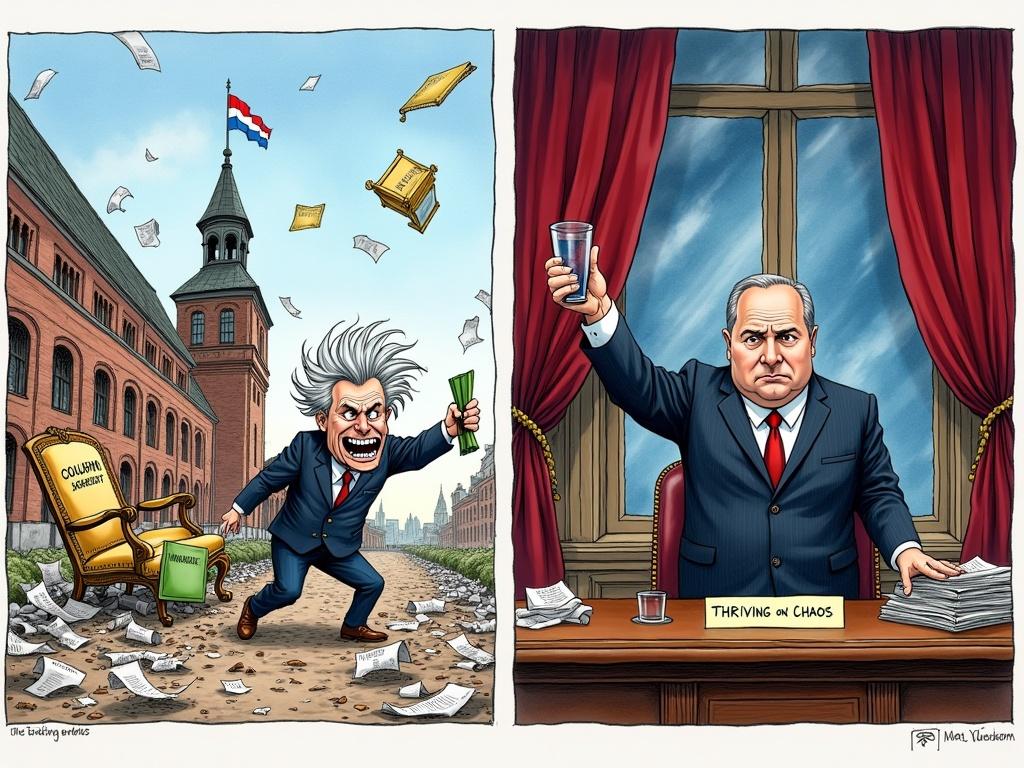 Horizontal editorial cartoon depicting chaos in Dutch Parliament and a calm autocrat in the Kremlin. Left side shows collapsing Binnenhof with debris and angry politician holding ‘Immigration’ folder. Right side displays Kremlin office at night with autocrat raising vodka glass. Symbolism of political chaos and strategy.