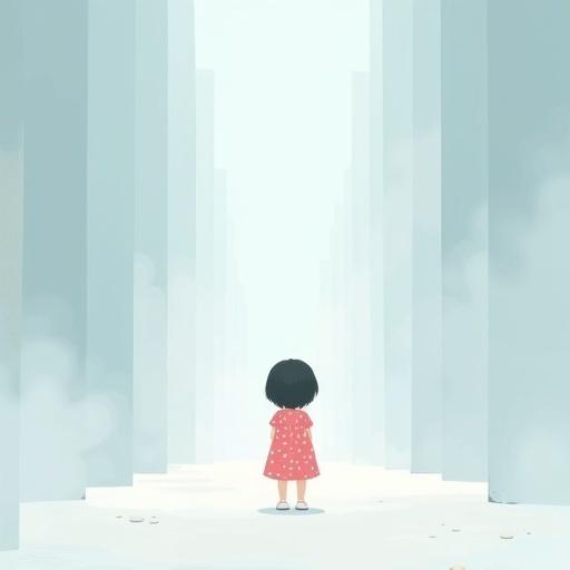 Flat-style, soft cartoon illustration depicting a young girl standing alone in a vast, empty dreamlike space. She has short black hair, wears a pink dress with white polka dots, and stands in dim lighting on faint ground. The background is misty, fading gently, symbolizing loss and uncertainty.