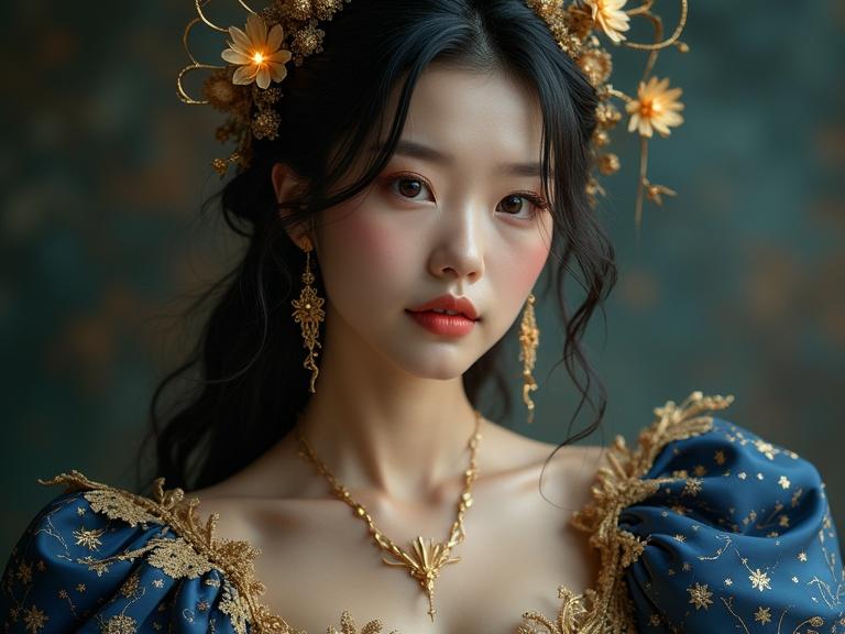 A woman with porcelain skin and a soft glow. Deep rose lips and high cheekbones, gazes off-camera. Large almond eyes shimmer with golden amber. Cascading black hair with silver streaks and glowing golden flowers. Dressed in a deep blue gown with gold embroidery and celestial motifs. Seated by a sunlit window with floating lotus flowers. Surrounded by a midnight curtain and sparkling lights. Evokes a magical, ethereal feeling.